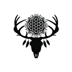 Deer skull with antlers and feathers. Ethnic skull with sun ornament