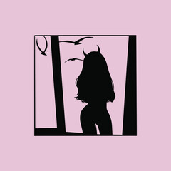 A demon girl with horns standing at the window. Silhouette of a girl with a beautiful figure