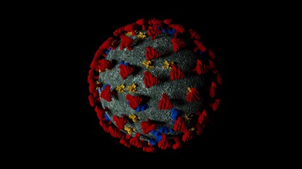Coronavirus or covid-19 in microscopic view of floating influenza virus cells as dangerous flu strain cases as a pandemic medical health risk concept in black background. 3D rendering.