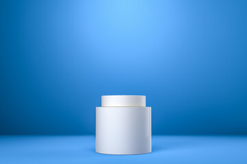 Round product display podium. Minimal white geometric shape stage scene on blue background. 3d rendering.