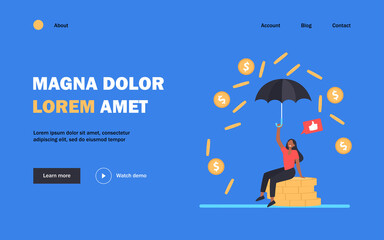 Happy woman sitting under money rain. Umbrella, coin, like flat vector illustration. Wealth and financial growth concept for banner, website design or landing web page