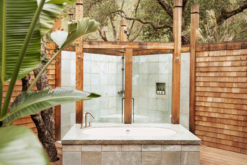 Outdoor bathtub and shower
