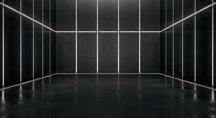 Fototapeta na wymiar Abstract blank space of empty room with metal grid walls. Futuristic dark interior design concept. 3D Rendering