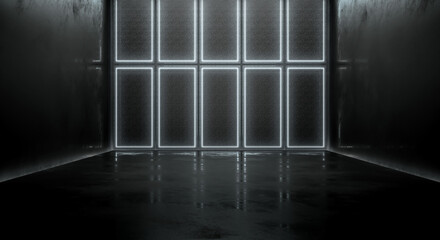 Futuristic abstract background glowing lines and reflection, Neon Light Shapes On Empty Black Concrete Space. 3D Rendering.