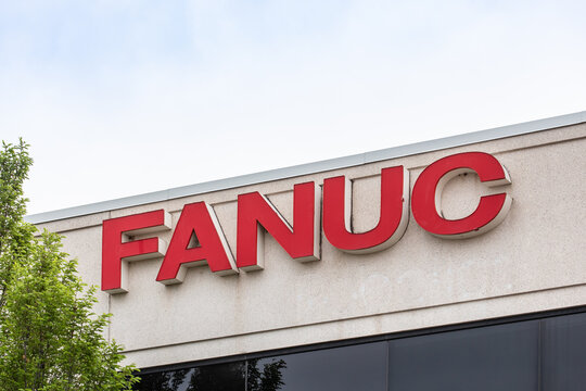 Mississauga, Canada, May 19, 2021; The distinctive red logo on signs at robotics manufacturer Fanuc Canada head office building in Mississauga, canada