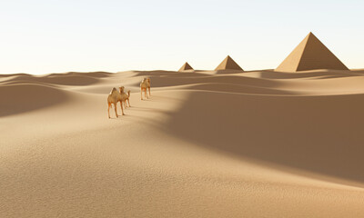 Fototapeta na wymiar The vast desert is distant with pyramids and a number of camels walk in the desert. Daytime scenery in the desert The sun is bright and bright. 3D Rendering