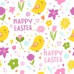 Easter seamless pattern with lettering, chickens, greetings, spring flowers. Design of postcards, clothing, gifts, fabrics, dishes. happy Easter. Vector illustration with a chicken in the doodle style