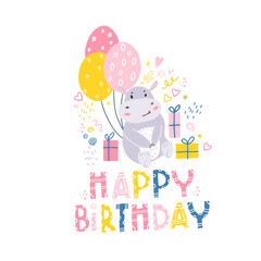 Birthday of the hippo. Children's print on clothes, fabrics with a small hippo, balloons and gifts. A wild animal is sitting. Children's design in doodle style. Happy birthday.