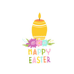 A candle for a happy Easter. Vector isolated illustration with an Easter card. Decorative candle for printing on clothes, fabrics, dishes, towels. Doodle style. Design for a holiday.