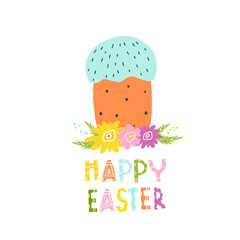Cake with cream for a happy Easter. Vector isolated illustration with an Easter card. Cake for printing on clothes, fabrics, dishes, towels. Doodle style. Design for a holiday.