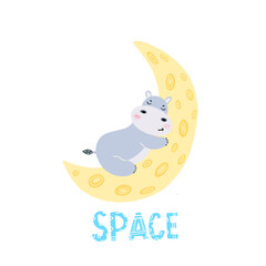 Baby Hippo sleeps on the moon. Space print for children on clothes, dishes, T-shirt, notebook, album. A cute hippo in space is lying on a planet. A wild animal in doodle style.