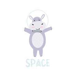 A hippo in a space suit. Space print for children on clothes, dishes, T-shirt, notebook, album. Cute hippo in space. An inscription with an animal for printing in the children's room.