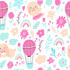 Seamless pattern with Rabbits, hares, flowers, balloon, branches. Decoration for a happy Easter holiday. Children's items for stickers, clothing, fabrics. Vector isolated illustration with animals.