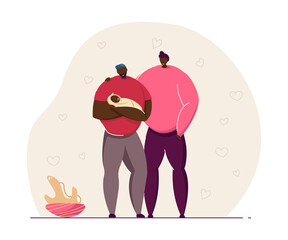 Father holding baby vector illustration. Young gay parents adoring child. Swaddled newborn boy or girl. LGBT family concept for website design.