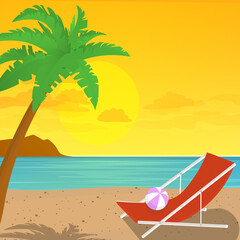 Beach landscape with sun lounger. Flat design style. Vector