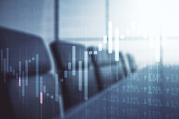 Double exposure of abstract creative financial chart hologram on a modern meeting room background, research and strategy concept