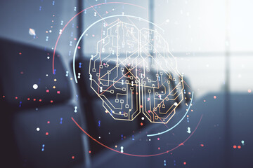 Double exposure of creative artificial Intelligence interface on a modern meeting room background. Neural networks and machine learning concept