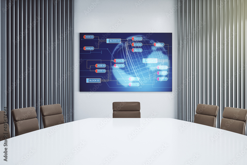 Poster abstract creative coding concept with world map on presentation screen in a modern conference room. 