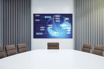 Abstract creative coding concept with world map on presentation screen in a modern conference room. 3D Rendering