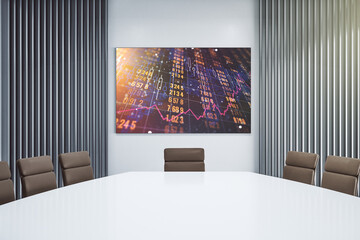 Stats data illustration on presentation screen in a modern conference room, computing and analytics concept. 3D Rendering