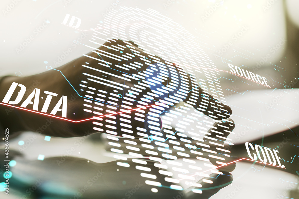 Aufkleber Double exposure of abstract creative fingerprint hologram with finger clicks on a digital tablet on background, research and development concept
