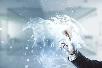 Fototapeta premium Multi exposure of developer's hand working with abstract programming language hologram and world map on blurred office background, artificial intelligence and neural networks concept
