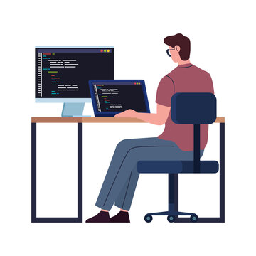 male programmer working with computers