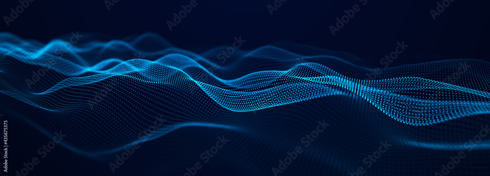 Poster Abstract blue background of points. Falling cyber particles. Big data stream. 3d rendering