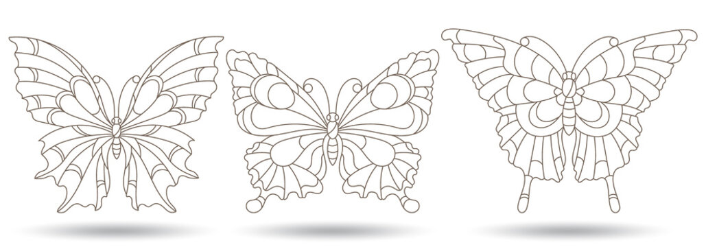 A set of illustrations in a stained glass style with contour butterflies,outline insects isolated on a white background