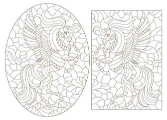 Set of illustrations in the style of stained glass with abstract cartoon pegasus, dark outlines on a white background