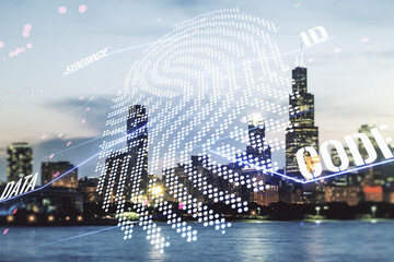 Fototapeta na wymiar Abstract virtual fingerprint illustration on Chicago cityscape background, personal biometric data concept. Multiexposure