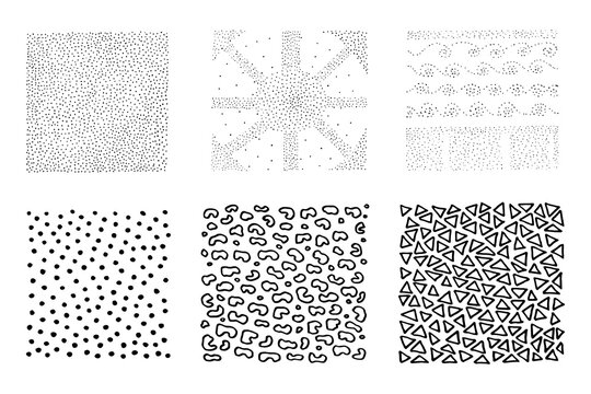 A set of geometric shape backgrounds: dots, circles,
triangles. 
A background of large and small black dots on a white background. Vector image. Hand drawing