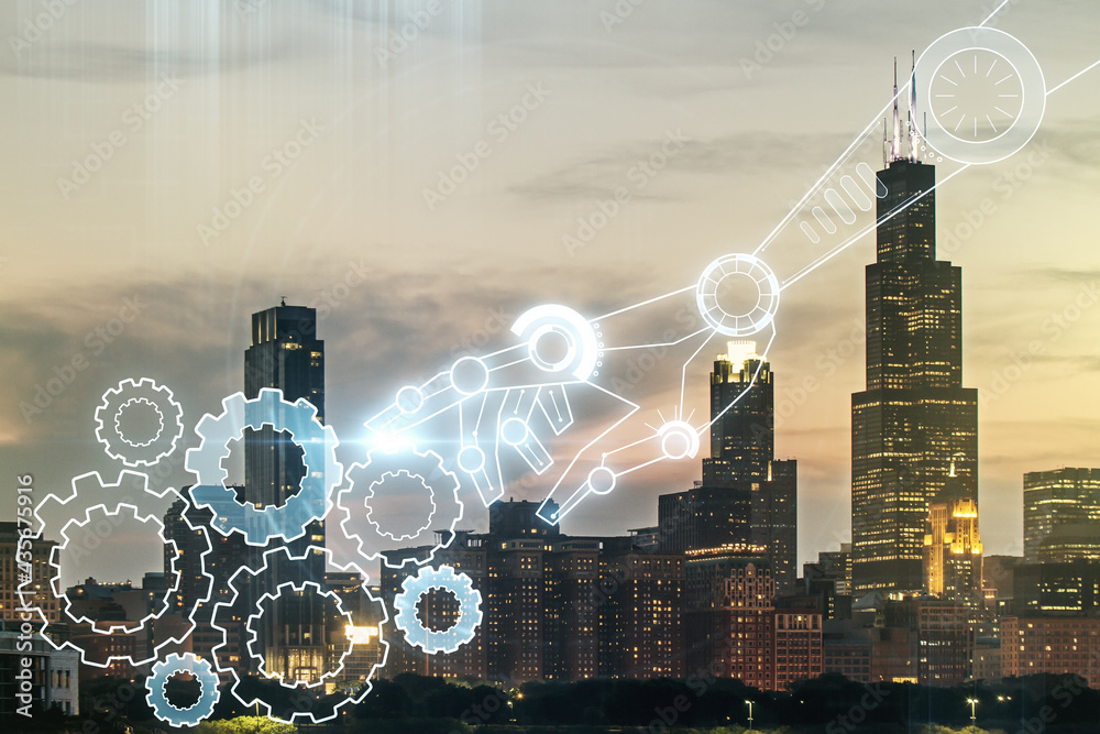 Poster abstract virtual robotics technology hologram on chicago skyline background. robot development and a
