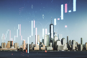 Double exposure of abstract creative financial chart hologram on New York skyscrapers background, research and strategy concept