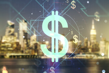 Double exposure of virtual USD symbols hologram on blurry cityscape background. Banking and investing concept