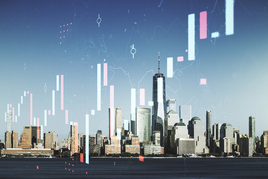 Double exposure of abstract creative financial chart hologram on New York skyscrapers background, research and strategy concept