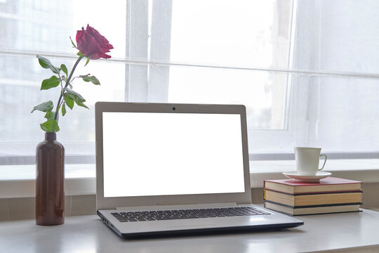 Pink Rose In Clay Bottle, Laptop, Books And Cup Of Coffee On White Table Near Window.