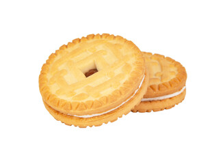 Biscuit sandwich cookies with milk creamy filling isolated on the white background
