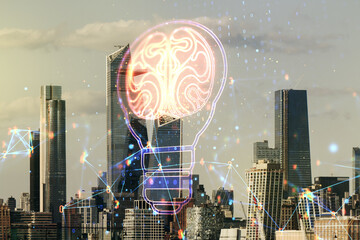 Abstract virtual light bulb illustration with human brain on New York cityscape background, future technology concept. Multiexposure