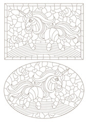 Set of illustrations in the style of stained glass with abstract cartoon unicorn, dark outlines on a white background