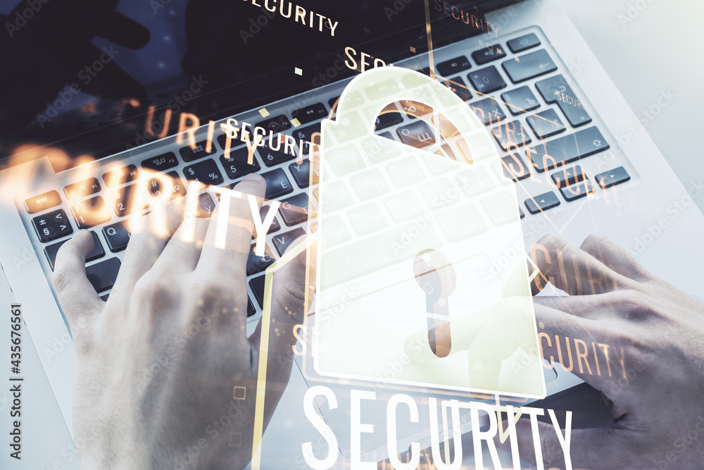 Poster creative lock illustration with microcircuit and hands typing on computer keyboard on background, cy