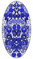 Illustration in stained glass style, round mirror image with floral ornaments and swirls,tone blue, oval image