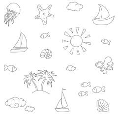 Sketch seamless pattern with sea summer elements. Doodle style.