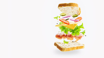 White background. Sandwich with different ingredients. White background. Pastel shades. No people. There is an empty space for your insert. - Powered by Adobe