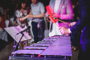 Xylophone concert view of vibraphone marimba player, mallets drum sticks, with a latin orchestra...