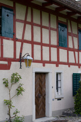 Fototapeta na wymiar Close-up of old medieval frame house at Zurich Witikon. Photo taken May 25th, 2021, Zurich, Switzerland.