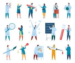 Fototapeta na wymiar Scientist characters. Male and female scientists in white coats. Lab workers, researchers, chemists with laboratory equipment vector set. Writing on blackboard, holding glass tube, magnifier