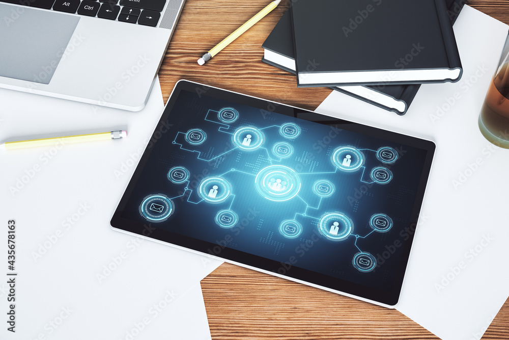 Poster Social network concept on modern digital tablet screen. Top view. 3D Rendering