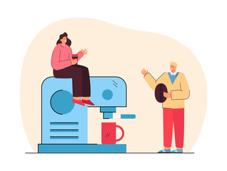 Tiny people making coffee. Male character holding coffee bean, female sitting on coffeemaker. Talking to each other. Coffee break concept for banner, website design or landing page