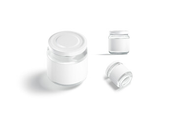 Blank small glass jar with white label mockup, different views